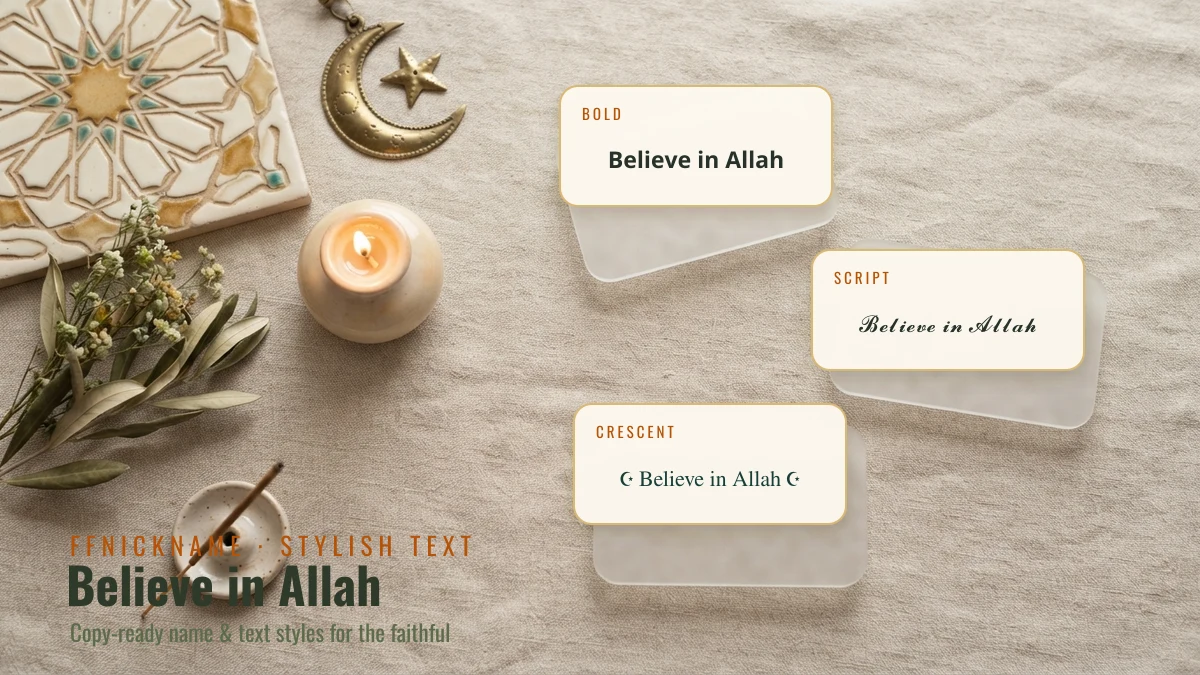 Believe in Allah stylish text styles — bold, script and crescent frames