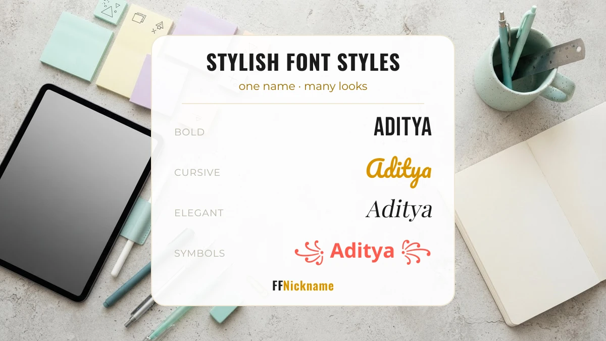 Popular stylish font styles shown on one name: bold, cursive, elegant and symbol
