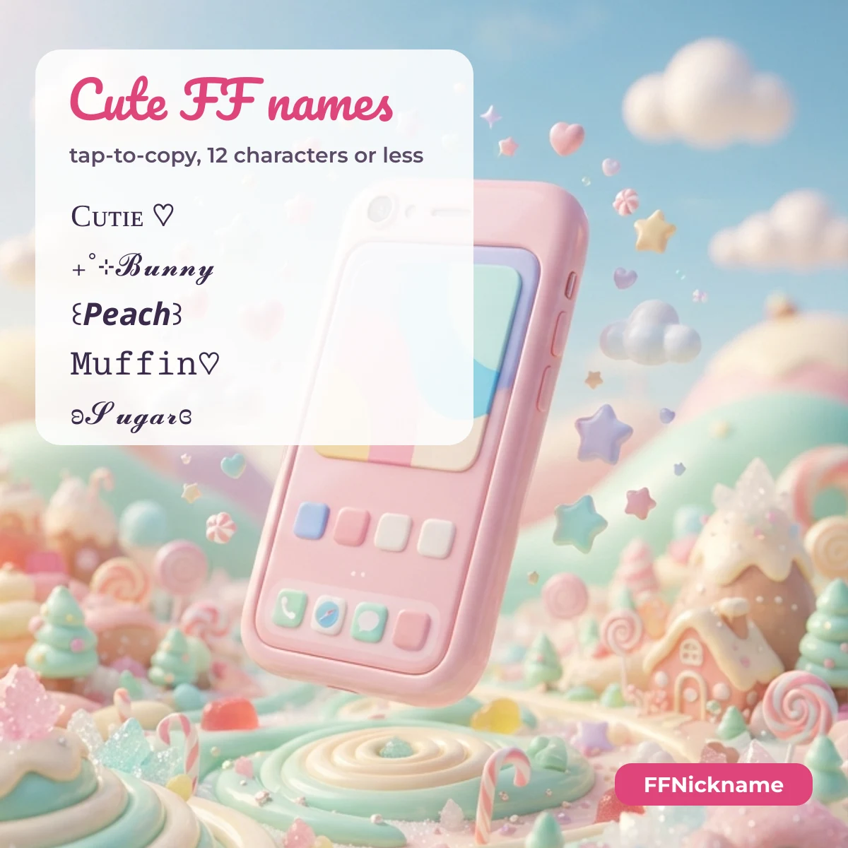 Cute Free Fire girl names like Cutie, Bunny and Peach in styled letters