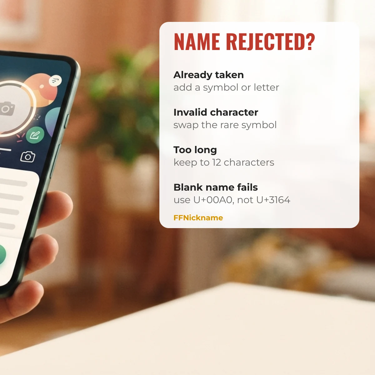 Free Fire name rejected errors: already taken, invalid character, too long, blank name