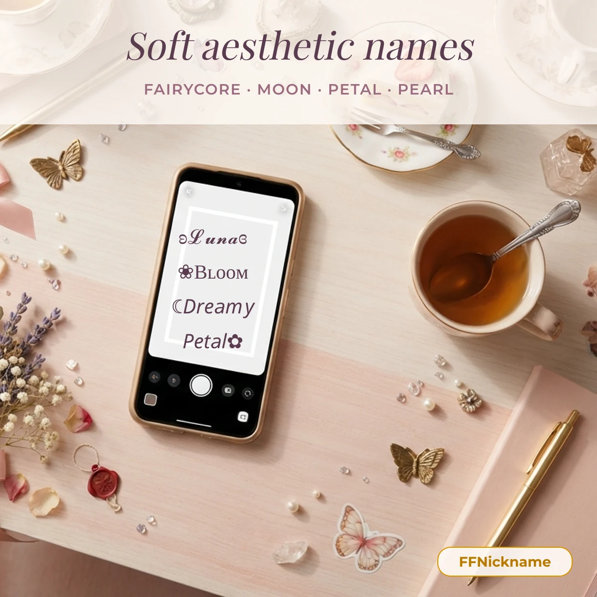Soft aesthetic Free Fire girl names Luna, Bloom, Dreamy and Petal on a phone screen